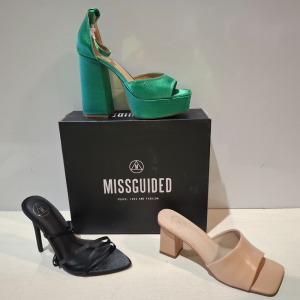 30 X BRAND NEW MIXED MISSGUIDED SHOES CONTAINING EXTREME PLATFORM SATIN HEELED SANDALS IN BLACK , QUILTED GRANDAD SANDAL IN GREEN , WF SATIN POINTED LACE UP BARELY THERE IN BLACK ETC ALL IN SIZE 6