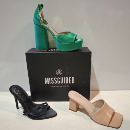 30 X BRAND NEW MIXED MISSGUIDED SHOES CONTAINING EXTREME PLATFORM SATIN HEELED SANDALS IN BLACK , QUILTED GRANDAD SANDAL IN GREEN , WF SATIN POINTED LACE UP BARELY THERE IN BLACK ETC ALL IN SIZE 6