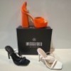 30 X BRAND NEW MIXED MISSGUIDED SHOES CONTAINING EXTREME PLATFORM SATIN HEELED SANDAL IN GREEN , BASIC BARELY THERE IN BLACK , WF BARELY THERE SQUARE TOE HIGH HEELS IN WHITE ETC ALL IN SIZE 6