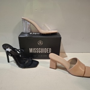 30 X BRAND NEW MIXED MISSGUIDED SHOES CONTAINING PERSPEX BLOCK HEEL MULE SANDAL IN SAND , DOME STUD GLADIATOR SANDAL IN ROSE GOLD , BASIC BARELY THERE IN BLACK ETC ALL IN SIZE 6
