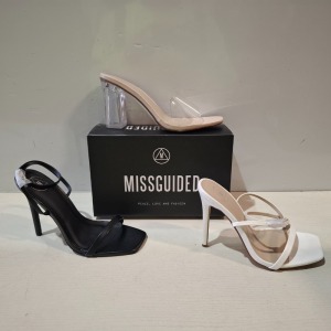 30 X BRAND NEW MIXED MISSGUIDED SHOES CONTAINING BASIC BARELY THERE IN BLACK , WF BARELY THERE SQUARE TOE HIGH HEELS IN WHITE , DOME STUD GLADIATOR SANDAL IN BLACK ETC ALL IN SIZE 6