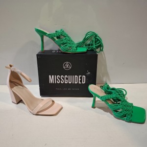 30 X BRAND NEW MIXED MISSGUIDED SHOES CONTAINING CROCHET TIE UP HEELED SANDALS IN GREEN , WF HIGH HEEL BLOCK BARELY THERE ETC ALL IN SIZE 6