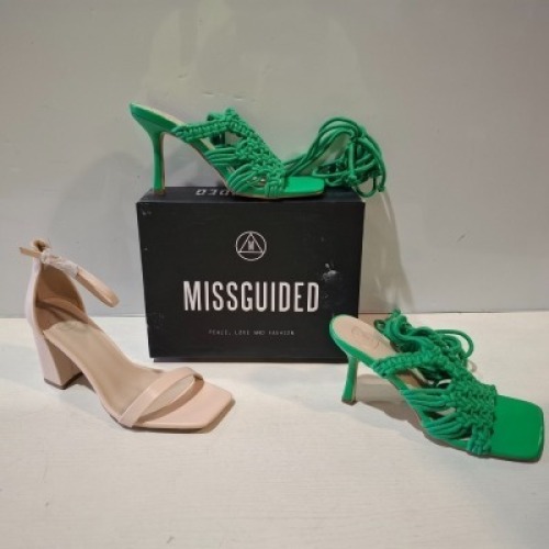 30 X BRAND NEW MIXED MISSGUIDED SHOES CONTAINING CROCHET TIE UP HEELED SANDALS IN GREEN , WF HIGH HEEL BLOCK BARELY THERE ETC ALL IN SIZE 6