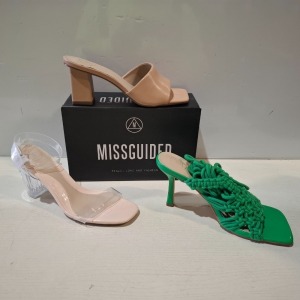 30 X BRAND NEW MIXED MISSGUIDED SHOES CONTAINING SQUARE TOE BLOCK HEEL MULE SANDALS IN SAND , MID CLEAR BLOCK HEEL IN NUDE , PERSPEX BLOCK HEEL MULE SANDALS IN SAND ETC ALL IN SIZE 6