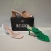 30 X BRAND NEW MIXED MISSGUIDED SHOES CONTAINING SQUARE TOE BLOCK HEEL MULE SANDALS IN SAND , MID CLEAR BLOCK HEEL IN NUDE , PERSPEX BLOCK HEEL MULE SANDALS IN SAND ETC ALL IN SIZE 6