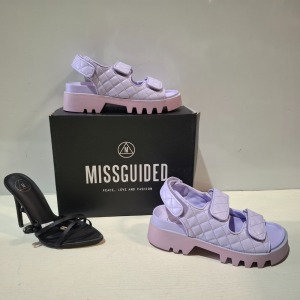 30 X BRAND NEW MIXED MISSGUIDED SHOES CONTAINING QUILTED GRANDAD SANDAL IN GREEN , WF SATIN POINTED LACE UP BARELY THERE ETC ALL IN SIZE 6