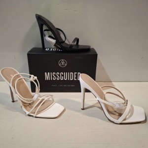 30 X BRAND NEW MIXED MISSGUIDED SHOES CONTAINING BASIC BARELY THERE IN BLACK , ASSYM STRAPPY HIGH HEEL SANDALS IN WHITE , WF BARELY THERE SQUARE TOE HIGH HEELS IN WHITE ETC ALL IN SIZE 7