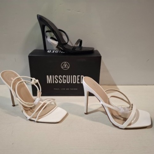 30 X BRAND NEW MIXED MISSGUIDED SHOES CONTAINING BASIC BARELY THERE IN BLACK , ASSYM STRAPPY HIGH HEEL SANDALS IN WHITE , WF BARELY THERE SQUARE TOE HIGH HEELS IN WHITE ETC ALL IN SIZE 7