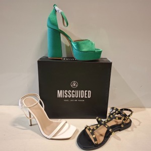 30 X BRAND NEW MIXED MISSGUIDED SHOES CONTAINING DOME STUD GLADIATOR SANDAL IN BLACK , BASIC BARELY THERE IN BLACK , EXTREME PLATFORM SATIN HEELED SANDAL IN GREEN ETC ALL IN SIZE 7