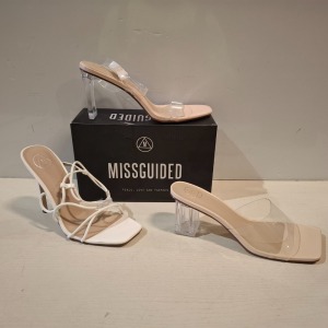 30 X BRAND NEW MIXED MISSGUIDED SHOES CONTAINING ASSYM STRAPPY HIGH HEEL SANDALS IN WHITE , PERSPEX BLOCK HEEL MULE SANDAL IN SAND , SQUARE TOE BLOCK HEEL MULE SANDAL IN SAND ETC ALL IN SIZE 7