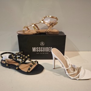 30 X BRAND NEW MIXED MISSGUIDED SHOES CONTAINING DOME STUD GLADIATOR SANDAL IN ROSE GOLD , PERSPEX BLOCK HEEL MULE SANDALS IN SAND ETC ALL IN SIZE 7