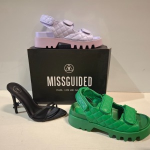 20 X BRAND NEW MIXED MISSGUIDED SHOES CONTAINING QUILTED GRANDAD SANDAL IN LILAC , WF SATIN POINTED LACE UP BARELY THERE IN BLACK ETC ALL IN SIZE 7
