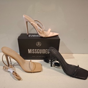 29 X BRAND NEW MIXED MISSGUIDED SHOES CONTAINING MID HEEL BLOCK BARELY THERE FAUX LEATHER IN BLACK , SQUARE TOE HIGH HEEL TIE UP SANDALS IN BLACK , ASSYM STRAPPY HEELED SANDAL IN LIME ETC ALL IN SIZE 8