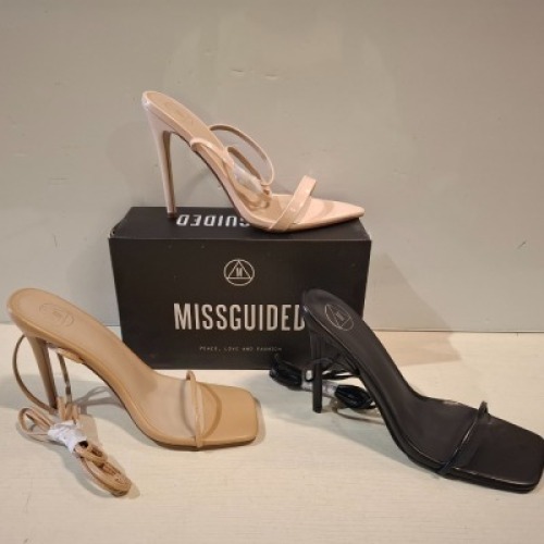 29 X BRAND NEW MIXED MISSGUIDED SHOES CONTAINING MID HEEL BLOCK BARELY THERE FAUX LEATHER IN BLACK , SQUARE TOE HIGH HEEL TIE UP SANDALS IN BLACK , ASSYM STRAPPY HEELED SANDAL IN LIME ETC ALL IN SIZE 8