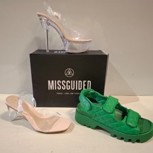 20 X BRAND NEW MIXED MISSGUIDED SHOES CONTAINING MID ILLUSION HEEL CLEAR SANDALS IN CLEAR , EXTREME PLATFORM SATIN HEELED SANDALS IN HOT PINK , CROCHET TIE UP HEELED SANDAL IN GREEN ETC ALL IN SIZE 8