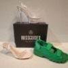 20 X BRAND NEW MIXED MISSGUIDED SHOES CONTAINING MID ILLUSION HEEL CLEAR SANDALS IN CLEAR , EXTREME PLATFORM SATIN HEELED SANDALS IN HOT PINK , CROCHET TIE UP HEELED SANDAL IN GREEN ETC ALL IN SIZE 8