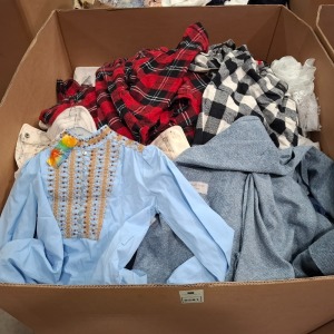 400+ MIXED CLOTHING LOT CONTAINING BIG DART BUTTONED HOODIE IN RED AND BLACK IN SIZE UK 12 , GLENFIELD JUMPER IN CREAM IN SIZE L , ACTUEL LONG SLEEVED TOP IN BLUE IN SIZE S ETC IN ONE PALLET BOX