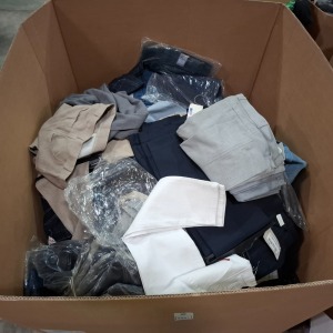 200+ MIXED PANTS LOT CONTAINING AYTANIA SUIT PANTS IN GREY IN SIZE 30 , CRIMINAL DAMAGE DENIM JEANS IN BLUE IN SIZE 28 , CRIMINAL DAMAGE JEANS IN WHITE IN SIZE 36 ETC IN ONE PALLET BOX