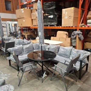 7 X PIECE GARDEN SET TO INCLUDE 5 SEAT CORNER SOFA , GLASS TOP FOLDABLE TABLE SIZE DIAM 100 CM X H 73 , 2 PADDED FOLDABLE CHAIRS , AND ONE PARASOL WITH STAND - PRE - BUILT
