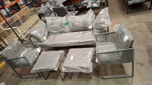 5 X PIECE BRAND NEW GARDEN SET TO INCLUDE 3 SEATER SOFA , TWO ARM CHAIRS AND TWO FOOT STOOLS. - PRE - BUILT