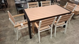 1 X BRAND NEW 7 PIECE IN DOOR OUT DOOR STUDIO DINING SET TO INCLUDE 1 TABLE IN SIZE L 156 X W 81 X H 76CM IN ALUMINIUM FRAME WITH COMPOSITE WOOD IN BROWN / BLACK WITH 6 CHAIRS IN ALUMINIUM FRAME / COMPOSITE WOOD IN BROWN / WHITE - PRE - BUILT