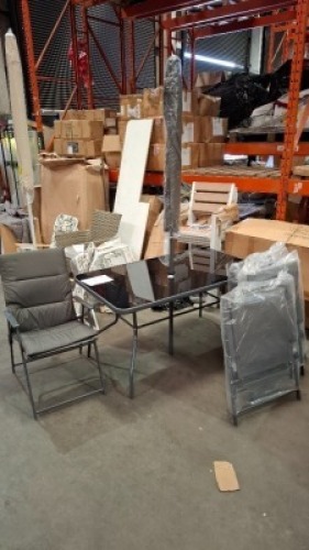 1 X 8 PIECE BRAND NEW STUDIO SHANGHAI GARDEN SET TO INCLUDE ONE TABLE IN SIZE W 138 X D 80 X H 70 , 6 FOLDABLE PADDED CHAIRS AND 1 UMERELLA - PRE - BUILT