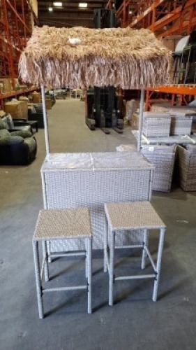 3 X BRAND NEW 3 PIECE OUTDOOR RATTAN GARDEN TIKI BAR WITH TWO BAR STOOLS - PRE - BUILT