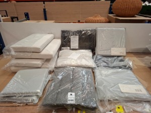 9 X BRAND NEW MIXED CUSHION LOT CONTAINING PALISSADE DINING ARMCHAIR CUSHION CMHR FOAM IN SKY GREY , CANE LINE FLIP FOLDING CHAIR SEAT /BACK CUSHION IN GREY , CANE-LINE BREEZE CHAIR SEAT / BACK CUSHION IN WHITE , ETC ON HALF A BAY