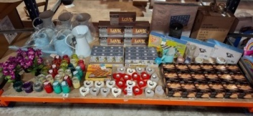 FULL BAY OF BRAND NEW PREMIER LOT CONTAINING THE OUTDOOR LIVING METAL JUGS AND WATERING CANS , LIT WOODEN LOVE SIGN , THE SUMMER LIVING SOFT EVA DOMINOES , CLEAR CANDLE HOLDERS , LED CERAMIC NIGHT LIGHTS , LOVE HEART CANDLE HOLDERS ETC ON A FULL BAY