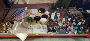 FULL BAY OF BRAND NEW PREMIER LOT CONTAINING LED SIGN (ALL YOU NEED IS LOVE ) LED BOTTLE SHAPE CUT GLASS LANTERNS IN VARIOUS COLOURS , 12 LED PARASOL LIGHT , GARDEN STICK CANDLES IN VARIOUS COLOURS ETC ON A FULL BAY