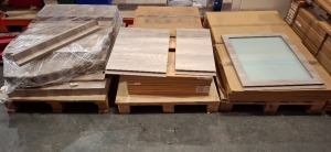 200 + BRAND NEW KITCHEN / CABINET MIXED LOT CONTAINING PLINTH IN SIZE H 150 MM X W 720 MM , DOOR IN SIZE 57 X 39.6 CM , GLASS DOORS IN SIZE 71.6 X 39.6 CM , BIGER GLASS DOORS 71.6 X 59.6 , AND WOOD DOOR 57 X 44.6 CM AND 57 X 29.6 , CORNER PIECES IN SIZE 