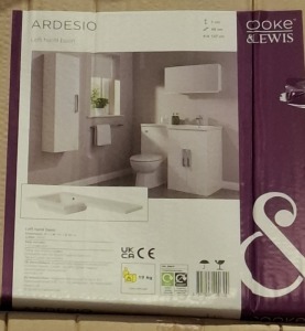 10 X BRAND NEW ARDESIO COOKE & LEWIS LEFT HAND BASIN IN WHITE IN SIZE H 3 X W 107 X D 48 C M IN 10 BOXES