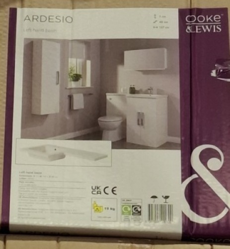 10 X BRAND NEW ARDESIO COOKE & LEWIS LEFT HAND BASIN IN WHITE IN SIZE H 3 X W 107 X D 48 C M IN 10 BOXES