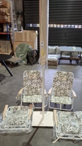 6 X BRAND NEW BEACH LOT CONTAINING 4 X SUNLIFE BEACH CHAIRS IN FLORAL WHITE / GREEN - RRP EACH &pound;125 - 1 X BUSINESS & PLEASURE PARASOL METAL BASE IN WHITE 16 KG - RRP &pound;251 AND 1 X PARASOL - TOTAL RRP FOR LOT &pound;751