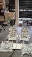 6 X BRAND NEW BEACH LOT CONTAINING 4 X SUNLIFE BEACH CHAIRS IN FLORAL WHITE / GREEN - RRP EACH &pound;125 - 1 X BUSINESS & PLEASURE PARASOL METAL BASE IN WHITE 16 KG - RRP &pound;251 AND 1 X PARASOL - TOTAL RRP FOR LOT &pound;751