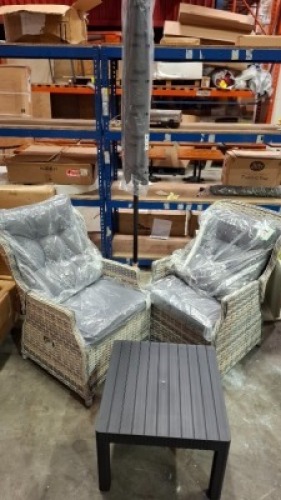 5 X BRAND NEW MIXED GARDEN LOT CONTAINING 2 X RATTAN RECLINER ARM CHAIRS IN GREY , 1 X COFFEE TABLE , 1 X UMBRELLA , 1 X BUSINESS & PLEASURE OUTDOOR UMBRELLA BASE IN PINK - RRP &pound;509