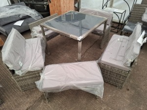 7 X PIECE BRAND NEW RATTAN GARDEN LOT CONTAINING 4 LOVESEATS , 2 TWO BENCHES , AND 1 TABLE IN GREY - PRE BUILT