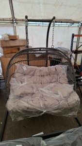 1 X STUDIO KOKOMO DOUBLE HANGING EGG CHAIR IN SIZE 156 X 120 X 198 - PRE BUILT - CUSTOMER RETURNS