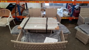 1 X BRAND NEW STUDIO JAVA OUTDOOR DINING SET CONTAINING 1X LOVESEAT , 2 X ARM CHAIRS , 2 X FOOT STOOL , 1 X GLASS TABLE TOP IN GREY - PRE - BUILT