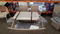 1 X BRAND NEW STUDIO JAVA OUTDOOR DINING SET CONTAINING 1X LOVESEAT , 2 X ARM CHAIRS , 2 X FOOT STOOL , 1 X GLASS TABLE TOP IN GREY - PRE - BUILT