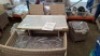 1 X BRAND NEW STUDIO JAVA OUTDOOR DINING SET CONTAINING 1X LOVESEAT , 2 X ARM CHAIRS , 2 X FOOT STOOL , 1 X GLASS TABLE TOP IN GREY - PRE - BUILT