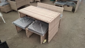 1 X BRAND NEW OUTDOOR 4 PIECE RATTAN SET TO INCLUDE 1 X LOVESEAT , 2 X FOOT STOOLS , 1 TABLE IN GREY - PRE-BUILT