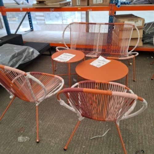 1 X BRAND NEW STUDIO BARCELONA ROPE LOUNGE SET TO INCLUDE 1 X DOUBLE CHAIR , 2 X SINGLE CHAIRS , 1 X LARGE TABLE AND 1 SMALL TABLE IN CORAL / PINK - PRE - BUILT