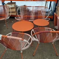 1 X BRAND NEW STUDIO BARCELONA ROPE LOUNGE SET TO INCLUDE 1 X DOUBLE CHAIR , 2 X SINGLE CHAIRS , 1 X LARGE TABLE AND 1 SMALL TABLE IN CORAL / PINK - PRE - BUILT