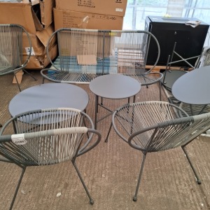 1 X BRAND NEW STUDIO BARCELONA ROPE LOUNGE SET TO INCLUDE 1 X DOUBLE CHAIR , 2 X SINGLE CHAIRS , 1 X LARGE TABLE AND 1 SMALL TABLE IN BLACK / GREY - PRE - BUILT