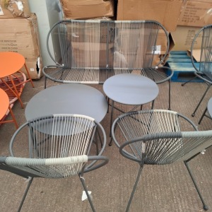 1 X BRAND NEW STUDIO BARCELONA ROPE LOUNGE SET TO INCLUDE 1 X DOUBLE CHAIR , 2 X SINGLE CHAIRS , 1 X LARGE TABLE AND 1 SMALL TABLE IN BLACK / GREY IN BOX