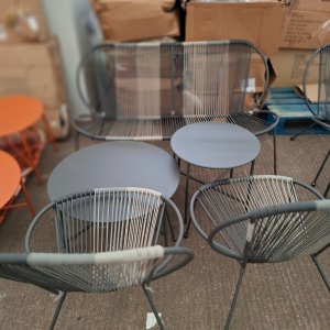 1 X BRAND NEW STUDIO BARCELONA ROPE LOUNGE SET TO INCLUDE 1 X DOUBLE CHAIR , 2 X SINGLE CHAIRS , 1 X LARGE TABLE AND 1 SMALL TABLE IN BLACK / GREY IN BOX