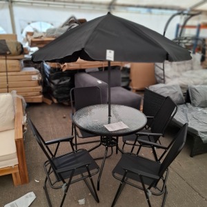 1 X STUDIO OXFORD 6 PIECE PATIO SET TO INCLUDE 4 FOLDING CHAIRS , 1 GLASS TOP TABLE , 1 UMBRELLA IN BLACK - PRE - BUILT