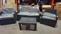 1 X CULCITA MALIBU LOUNGE SET IN BLACK / GREY TO INCLUDE 1 LOVE SEAT , 2 ARM CHAIRS AND ONE TABLE - PRE - BUILT