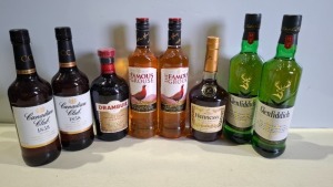 8 X BRAND NEW MIXED ALCOHOL LOT CONTAINING 2 GLENFIDDICH SINGLE MALT SCOTCH WHISKY 70CL , 2 CANADIAN CLUB IMPORTED BLENDED WHISKY 70CL , 2 THE FAMOUS GROUSE SCOTCH WHISKY 700ML , 1 DRAMBUIE THE ISLE OF SKYE LIQUEUR AGED SCOTCH WHISKY 70 CL , 1 HENNESSY